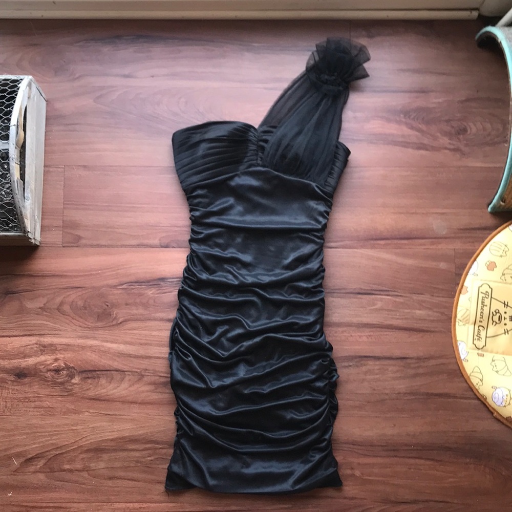 Hailey Logan by Adrianna Papell Black Ruched One Shoulder Bodycon Dress, Size XS